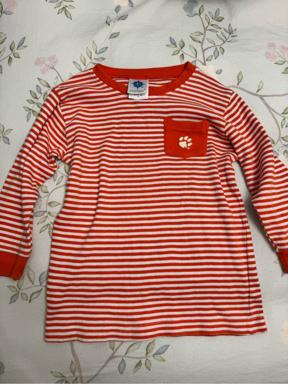 Clemson Striped Orange & White Long Sleeve Kids Tee with Chest Pocket